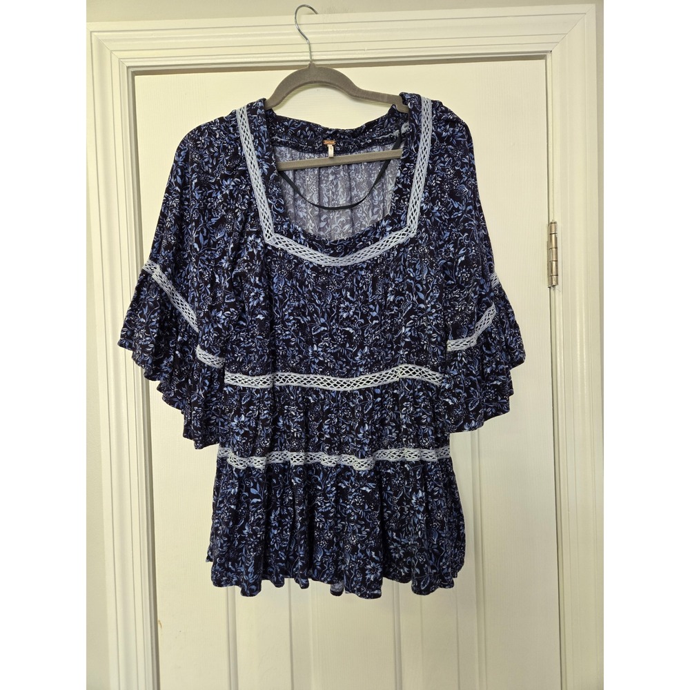Free People Navy Blue Floral Crochet Lace Tiered‎ Babydoll Tunic Top XS